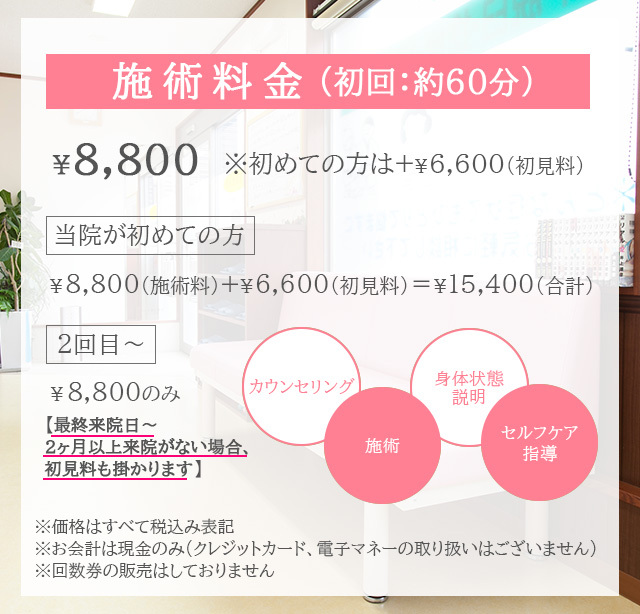 初見料6600円と施術料8800円 2回目以降〜8800円のみ
